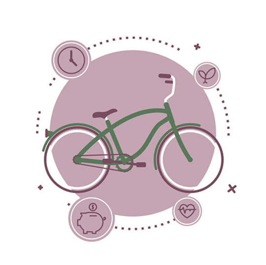 Representación de una bicicleta rodeada de un reloj, una hucha, un corazón y un árbol